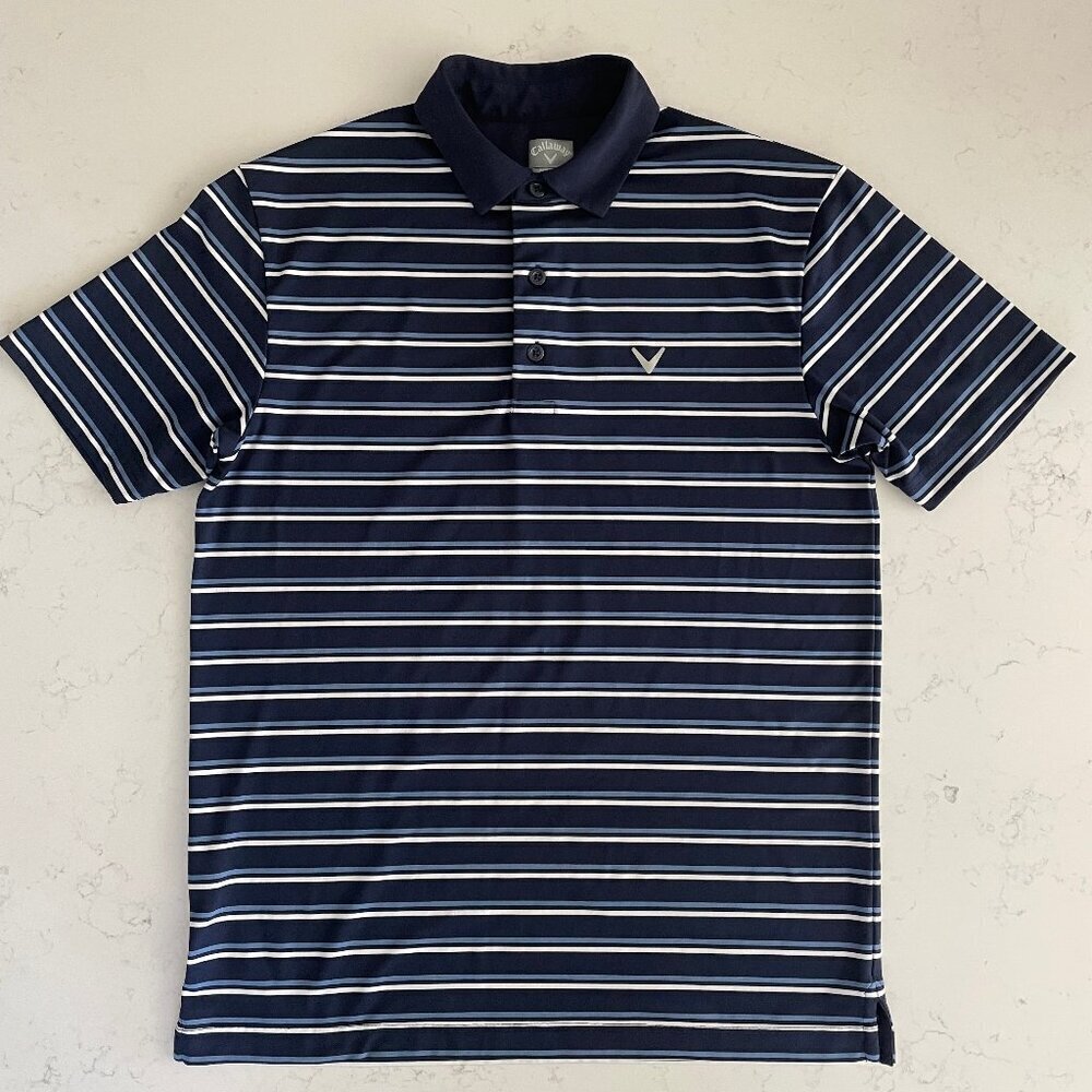 Callaway SS Opti Dri Striped 3 Button Poly Blend Polo Golf Shirt Blue White Sz S